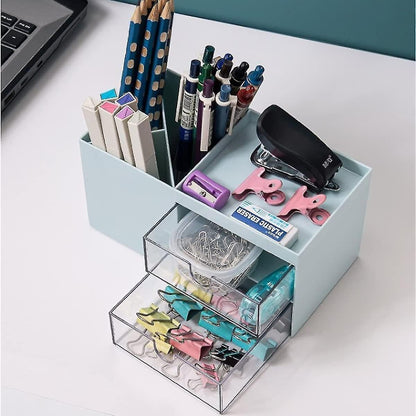 Multifunctional Pencil Holder Desk Organizer with Drawer | Plastic Desktop Storage Box for Stationery & Cosmetics