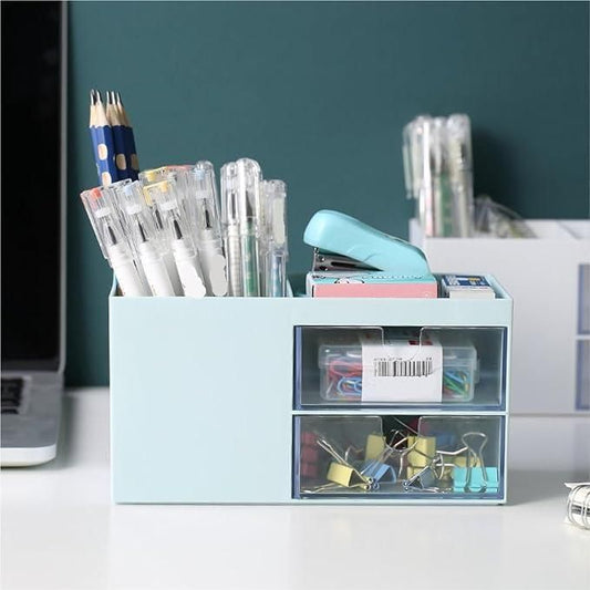 Multifunctional Pencil Holder Desk Organizer with Drawer | Plastic Desktop Storage Box for Stationery & Cosmetics