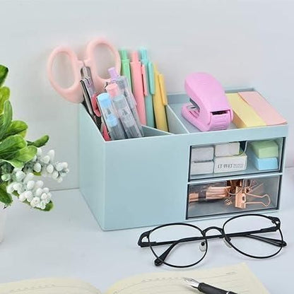 Multifunctional Pencil Holder Desk Organizer with Drawer | Plastic Desktop Storage Box for Stationery & Cosmetics