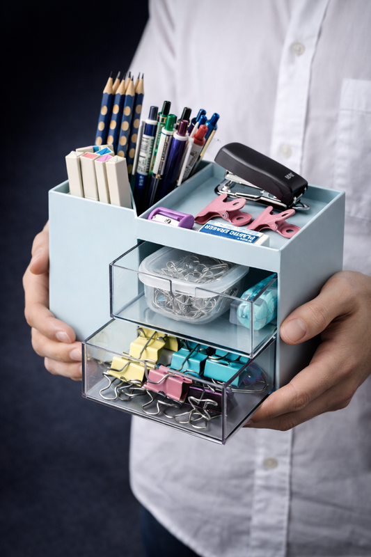Multifunctional Pencil Holder Desk Organizer with Drawer | Plastic Desktop Storage Box for Stationery & Cosmetics
