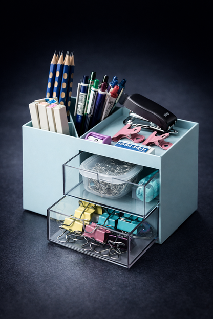 Multifunctional Pencil Holder Desk Organizer with Drawer | Plastic Desktop Storage Box for Stationery & Cosmetics